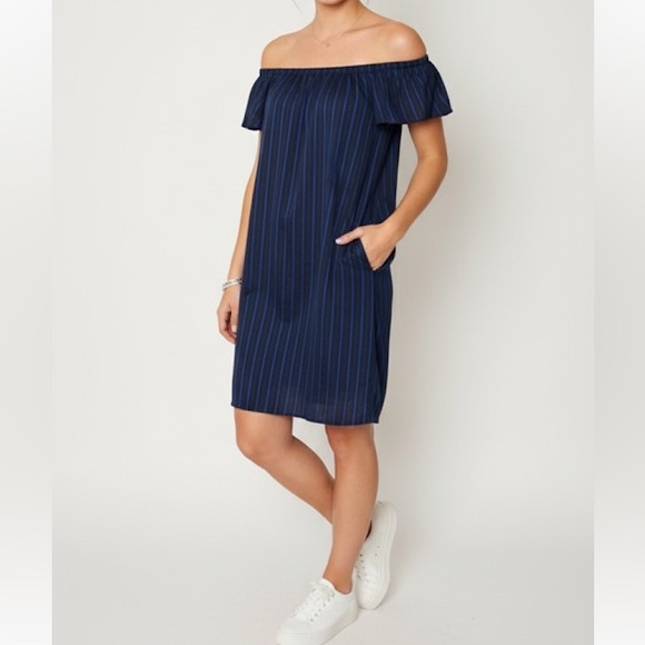 Banana Republic NWT Off Shoulder Navy and Black Stripe‎ Dress Women's Size Small - Picture 1 of 12